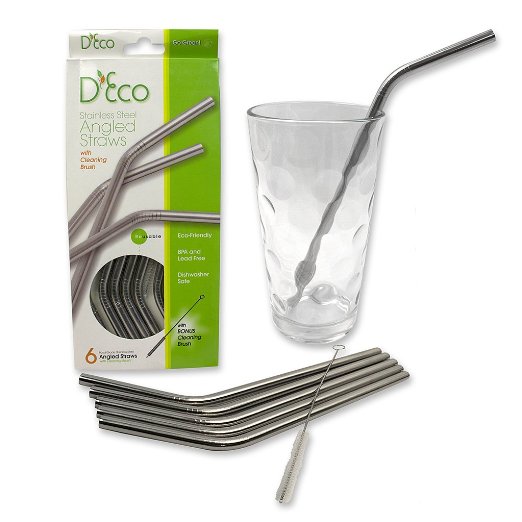 Stainless Steel Straws- Reusable Angled Drinking Straws with Cleaning Brush (Pack of 6)