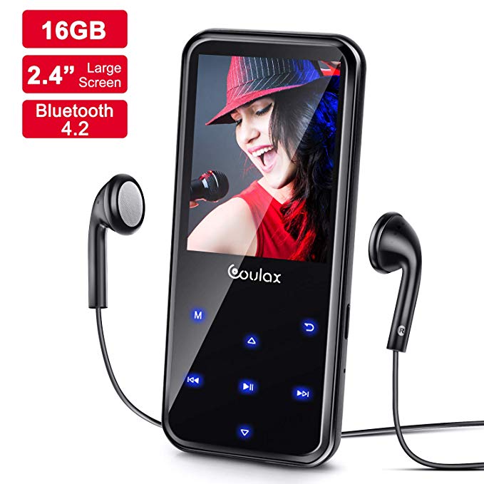 COULAX 16GB MP3 Player 2.4 inch Display Music Player with Bluetooth, Portable HiFi Lossless Sound for FM Radio Voice Recorder E-book Pictures Pedometer Support up to 128G (Headphone Include)