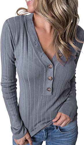 MEROKEETY Women's Long Sleeve V Neck Ribbed Button Knit Sweater Solid Color Tops