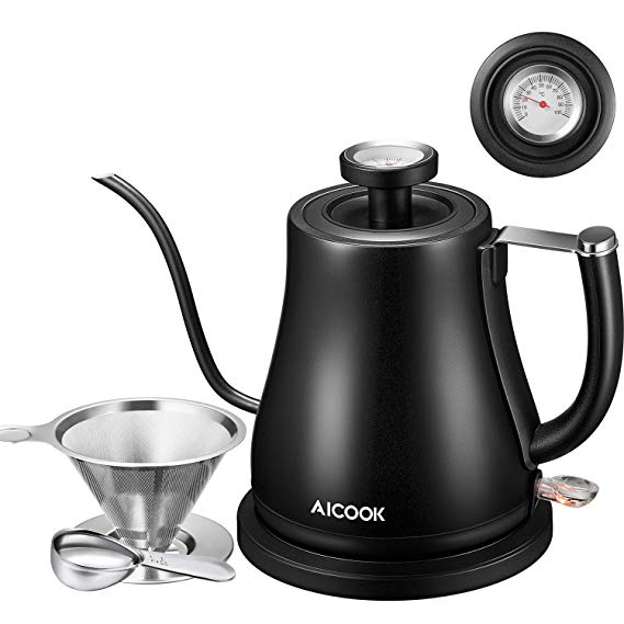 Electric Kettle, Aicook Gooseneck Kettle for Coffee or Tea, Pour Over Kettle with Integrated Thermometer, Stainless Steel Coffee Teapots Kettle with Coffee Filter and Spoon, Auto Shut-Off, 1000W, 0.8L