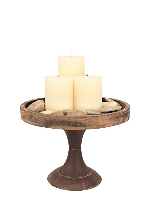 Stonebriar Rustic Worn Natural Wood and Metal Pedestal Tray, Decorative Pillar Candle Holder, For Centerpieces, Mantel Decoration, or Any Table Top, Large