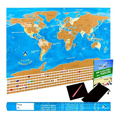 Unique Scratch Off World Map & Poster with Country Flags, US States Outlined in Glossy Finish, 32.1 x 22.6 Inches, with Scratcher Pen, Wiping Cloth in Customized Gift Tube, Perfect Gift For Travellers
