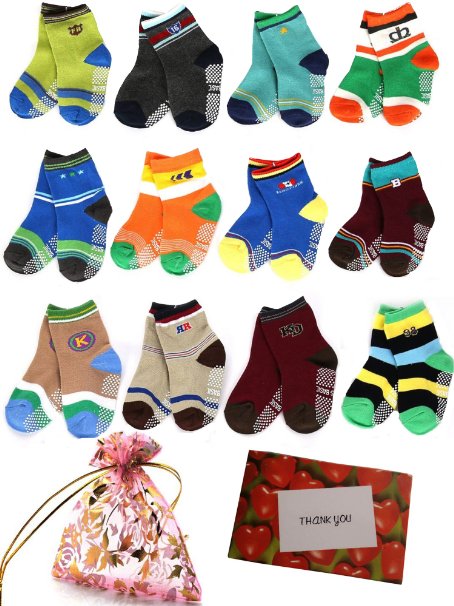 BS® 6 Pairs 1-3 Years Baby Boy's Toddler Anti Skid Slip Slipper Stretch Knit Socks   Gift bag   Gift Card, Footsocks sneakers Socks, Sole Length 12cm/4.72inch