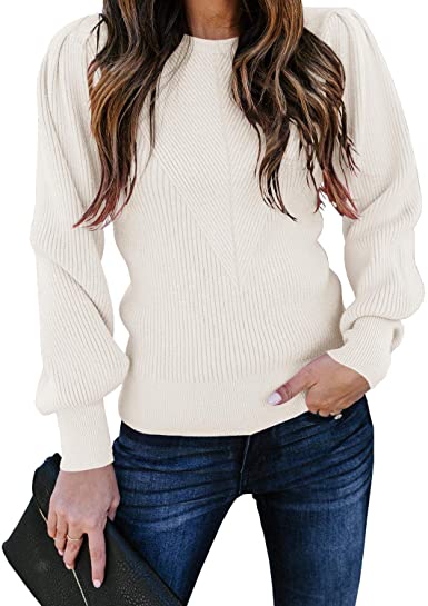 Huiyuzhi Womens Puff Sleeve Pullover Sweaters Crew Neck Soft Slim Fit Solid Color Knitted Jumper