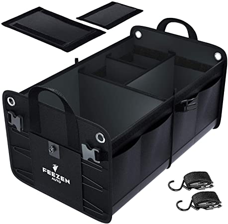 Feezen Car Trunk Organizer for SUV, Truck, Auto. Durable Collapsible Cargo Storage. With Extremely Strong Non-Slip Bottom Strips & Black Straps to Prevent Sliding. Waterproof Bottom, Durable Materials