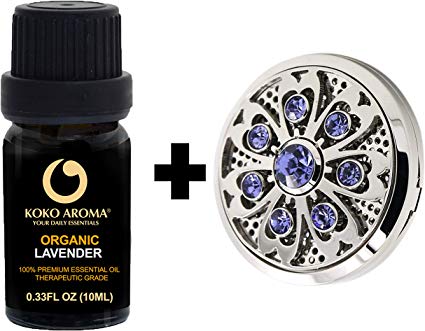 KOKO AROMA Gift Set Car Air Freshener Sanitizer Natural Vent Diffuser Stainless Steel Crystal Locket for Auto with Organic Lavender Essential Oil (Giftset-PL)