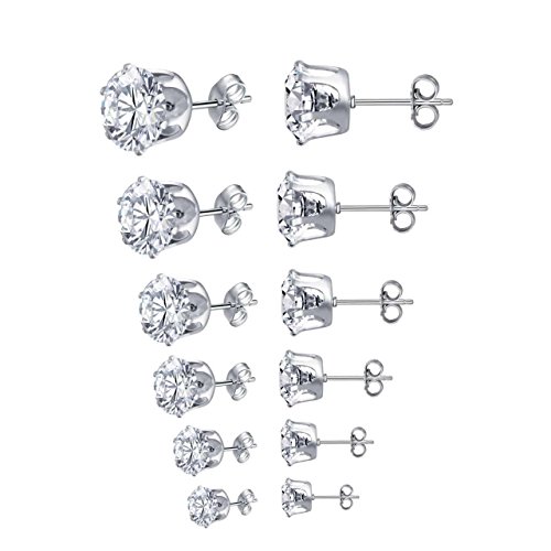 Zhenhui Women Stainless Steel Round White Black Cubic Zirconia Stud Earrings Set Pack of 6 Pairs