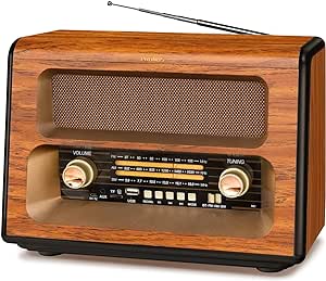 PRUNUS J-199 Large Retro Vintage Radio, 15W Crystal Clear Speaker AM FM SW, Support AUX/TF Card/USB Playing, AC Charging, Rechargeable Battery and Battery Operated Radio, MIC Recording (2024 Update)