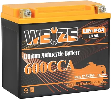 Weize Lithium YTX20L-BS, Group 20, 600A LiFePO4 Motorcycle Battery, 12V 8AH ATV, UTV, Jet Ski, 4 Wheeler, Snowmobile, Personal Watercraft, Seadoo, Polaris, Generator and Riding Lawn Mower Battery