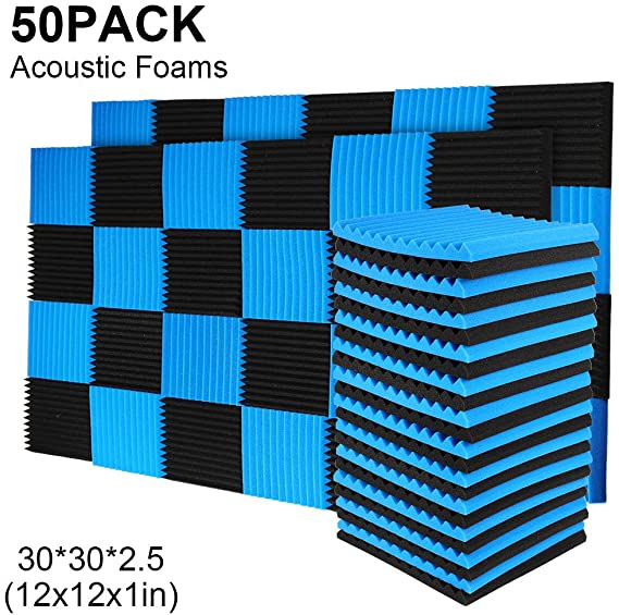 50 Pack black&blue Acoustic Panels Studio Foam Wedges 1" X 12" X 12" Sound-proofing,Sound Absorption (50PACK, Black&Blue)