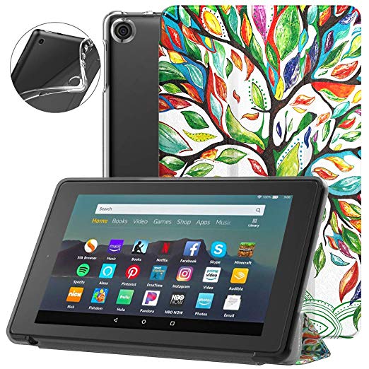 Dadanism All-New Amazon Kindle Fire 7 Tablet Case (9th Generation, 2019 Release), [Flexible TPU Translucent Back Shell] Ultra Slim Lightweight Trifold Stand Cover with Auto Sleep/Wake - Lucky Tree
