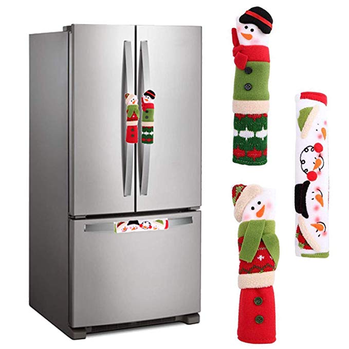 MIDOLO 3 Piece Set Christmas Snowman Refrigerator Appliance Handle Covers Christmas Decorations Fits Standard Size Kitchen Refrigerator Microwave Oven Or Dishwasher (Green and Red)