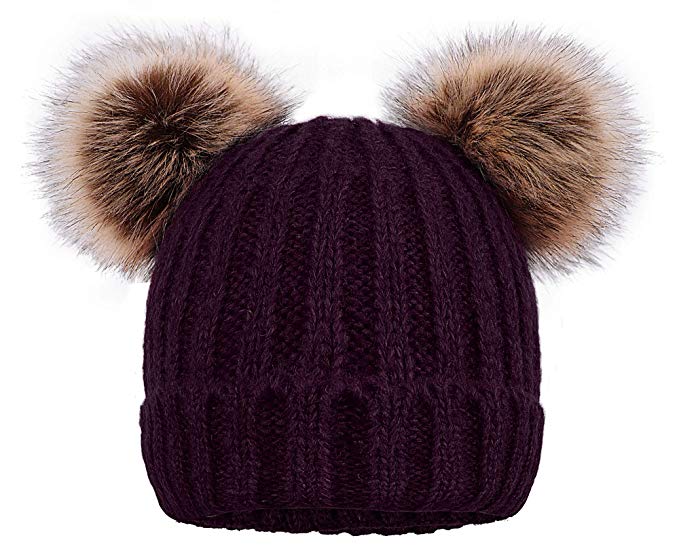 Arctic Paw Cable Knit Beanie with Faux Fur Pompom Ears