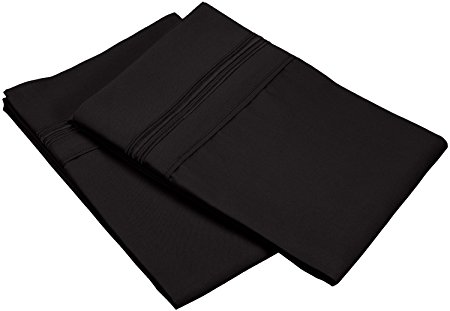 Super Soft Light Weight, 100% Brushed Microfiber, Standard, Wrinkle Resistant, 2-Piece Pillowcase Set Black with 5-Line Embroidery in Gift Box
