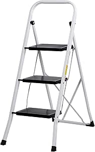 ZENY 3 Step Ladder Folding Step Stool with Wide Anti-Slip Pedal, Convenient Handgrip, Portable Steel Step Stool, 300 lbs Sturdy Steel Ladder for Household and Office, White