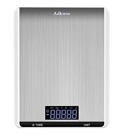 Adkwse Digital Kitchen Scale, Multifunction Food Scale with Large Black-lit LCD Display, Ultra Slim Electronic Weight Scale for Cooking, Baking, Food Grade Stainless Steel Platform, 22lb 10kg (White)