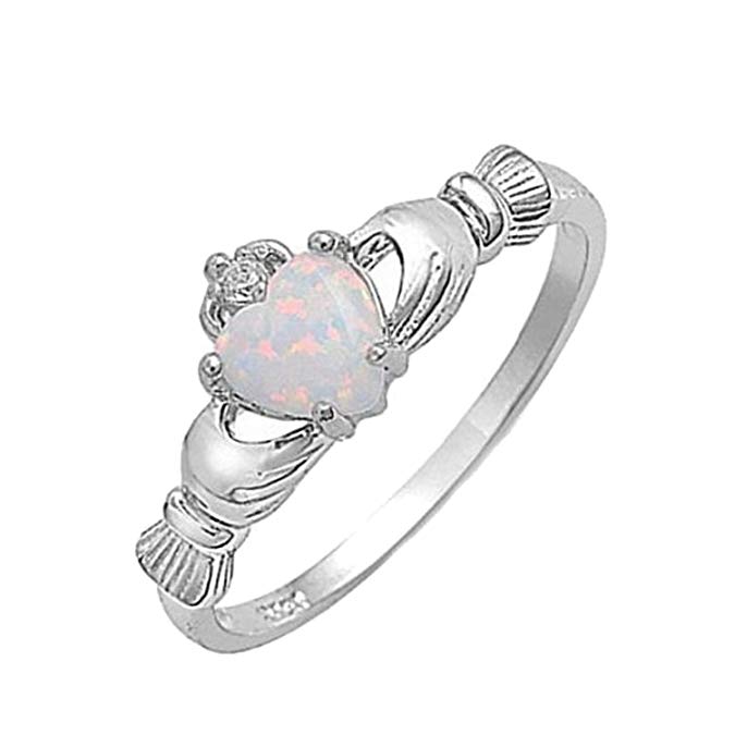 Blue Apple Co. 925 Sterling Silver Claddagh Ring Lab Created White Opal Clear CZ Accent Wedding Ring