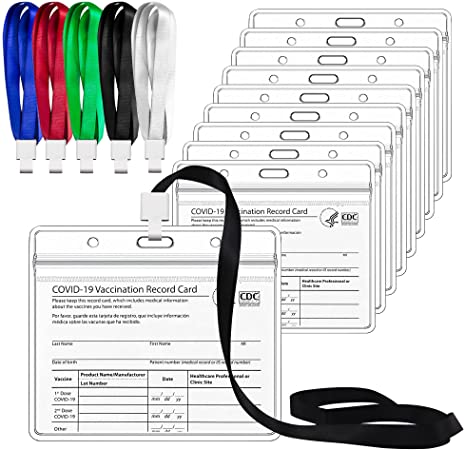 10 Pack CDC Vaccination Card Protector 4 X 3 Inch, Immunization Record Cards Holder with Lanyard, Horizontal Badge Holder with Resealable Zip, Clear Vinyl Plastic Waterproof Vaccine Sleeve for Travel