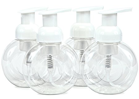 Vivaplex, 4, Clear, 8.5 oz (250 ml), Circular, Plastic Foaming Soap Dispensers, with White Pumps