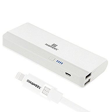 Power Bank, HAWEEL Portable External Power Bank(2.1Amp 1Amp Output) with 2 in 1 USB Cable (11000mAh White)