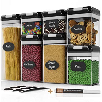 Chef's Path Airtight Food Storage Container Set - 7 PC Set - 10 Free Chalkboard Labels & Marker - Best Kitchen & Pantry Cereal Flour Containers - Clear Plastic Canisters with New Durable Lids