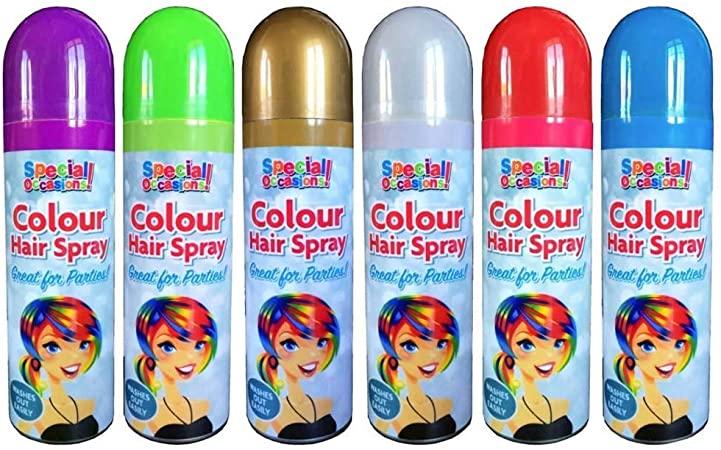 6 x Colour hair Spray- BLUE,PURPLE,GREEN,SILVER,GOLD AND RED