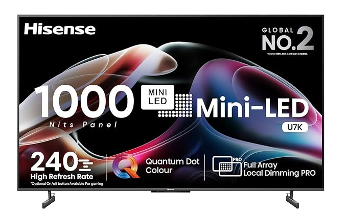 Hisense 189 cm (75 inches) 4K Ultra HD Smart Mini LED QLED TV 75U7K (Black) | HSR 240 Mode | 512 Full Array Local Dimming Zones | 1000 Nits Panel