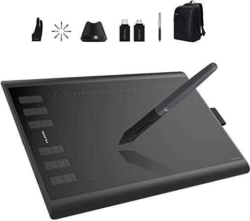 Huion Inspiroy H1060P Graphics Drawing Tablet- Battery-Free Digital Pen PW100, Replacement Pen Nibs PN04 8PCS with Pen Holder, USB Adapters, Black Artist Glove, Water-Resistand Black Backpack Included