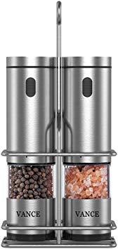 Electric Salt & Pepper Grinder Shaker Mill Set With Stand | Battery Operated | Side Button | Adjustable Ceramic Coarseness Durable Stainless Steel Mills With Clear Window | For Himalayan & Sea Salt