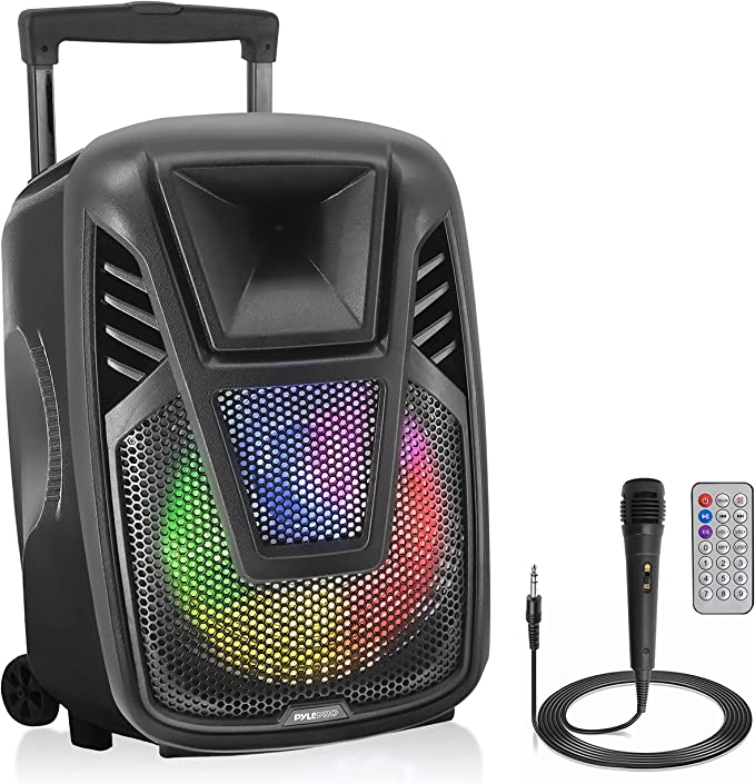 Pyle Portable Bluetooth PA Speaker - 80W 15” Rechargeable Outdoor Wireless BT Audio System w/ Party Lights, Digital Display, FM/AUX/MP3/USB/SD, Mic in, Handle, Wheels - Microphone, Remote