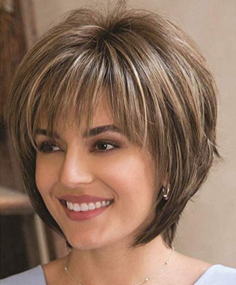 RENERSHOW Short Wigs for Women Dark brown Bob Hair Wigs with Bangs Natural Looking Heat Resistant Synthetic Daily Party Wig with Free Wig Cap