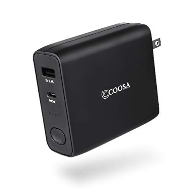 USB C Travel Charger COOSA Portable Charger 5000mAh Dual Port USB Fordable AC Plug Wall Charger with Type-C Port Battery Pack for 2017 MacBook Pro, Pixel 2/ Pixel/ Pixel XL Galaxy Note 8/ S8/ S9 Plus