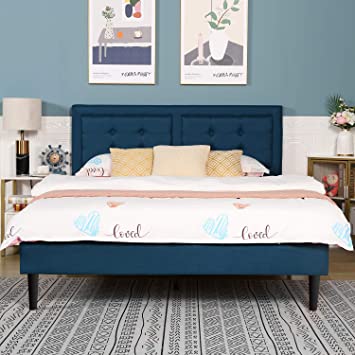 VECELO Upholstered Platform Bed Frame with Height Adjustable Headboard/Mattress Foundation with Strong Slat Support, Easy Assembly (Queen, Blue)