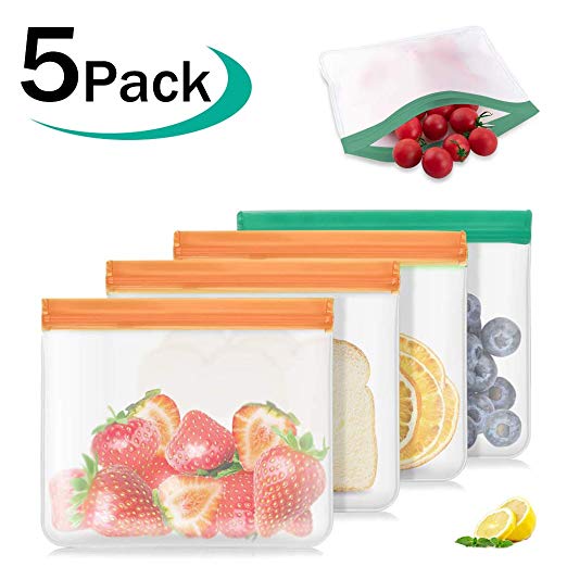 Leccod 5PCS Reusable Food Bags, Reusable Ziplock Bags Sandwich Storage Bags Reusable snack bags with BPA Free and FDA Approval Leakproof and Freezerable Food Silicome Bags for Snacks, Fruits and Meats （(8.5x7 inchs)