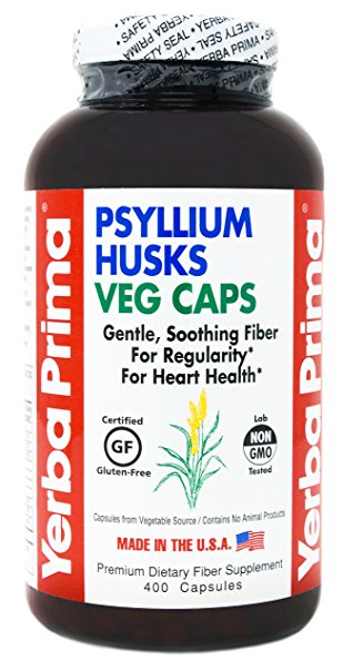 Yerba Prima Psyllium Husks Veg Caps - 400 Count (625mg per capsule) - Non-GMO, Gluten Free, Daily Fiber Supplement