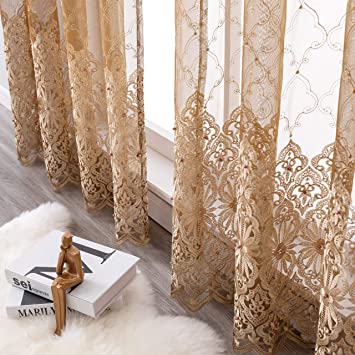 Aside Bside Bead8510 Sheer Curtains for Bedroom Rod Pocket Embroidered Floral Window Curtains 95 inch Length Botanical Geometric Drapes Living Room,1 Panel,Gold Brown