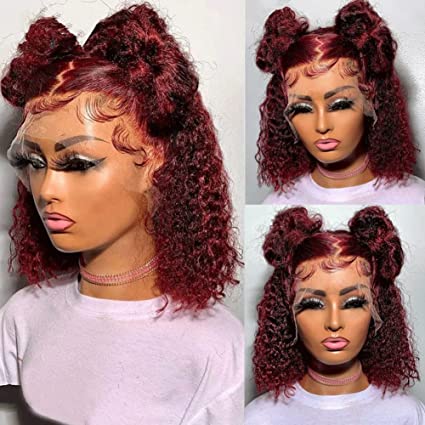 Kinky Curly Bob Wig Human Hair 13X6X1 T Part Lace Wigs Human Hair Pre Plucked 99J HD Lace Front Wig for Black Women Red Color Remy Brazilian Hair Wigs Curly Transparent Lace Wig 150% Density 12"