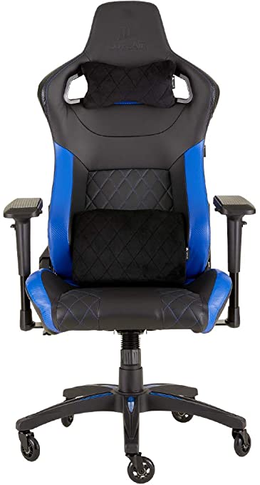 Corsair T1 Race - Faux Leather Racing Gaming Chair, Easy Assembly, Ergonomic Swivel, Adjustable Height & 4D Armrests, Lumbar Support, Comfortable with Recliner - Black/Blue