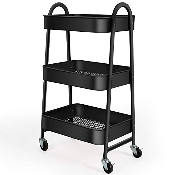 3-Tier Utility Rolling Cart with Large Storage and Metal Wheels for Office,Kitchen,Bedroom,Bathroom,Black 130839