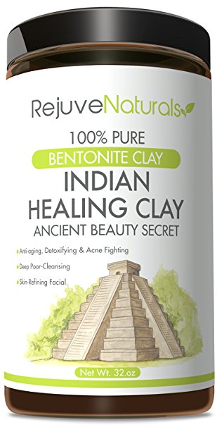 Sodium Bentonite Indian Healing Clay, 32 oz. ~ 100% Pure Powder ~ Use as a Deep Cleansing, Detox Mask / Mud Pack for Blemishes and Clogged Pores ~ All Natural, Made in the USA, GMO Free