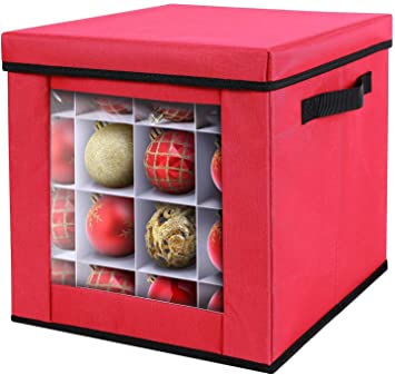 Christmas Ornament Storage Bins with Lids, Ohuhu Xmas Figurine Container, 600D Oxford Cloth with 64 Holiday Ornament Organizer Christmas Storage Box with Back Pocket Transparent Design