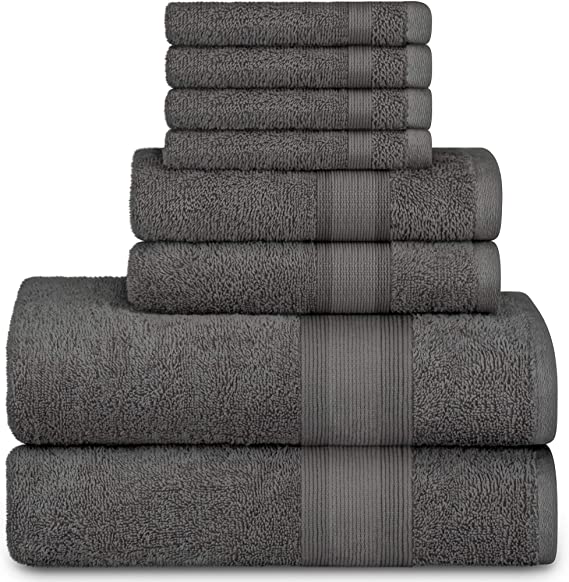 Adobella 8-Piece Bath Towel Set, Premium Combed Cotton, Highly Absorbent, Super Soft, Quick Dry, 2 Bath Towels, 2 Hand Towels and 4 Washcloths, Gray (Set of 8)