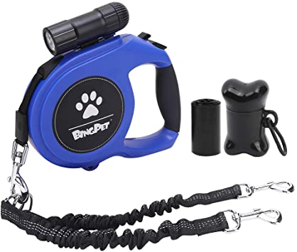 BINGPET Dual Retractable Dog Leash - 26ft Heavy Duty Double-Head Lockable Extendable Pet Leash with LED Flashlight, Poop Bags, Reflective Elastic Rope for Dogs Walking, Up to 110 lbs
