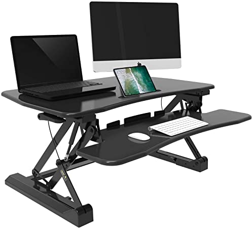 Komene Height Adjustable Standing Desk, Standing Desk Converter, Ergonomic Design,Support Dual Monitor,with Phone/Tablet Holder and Removable Keyboard Tray 36''-Shipping from The United States