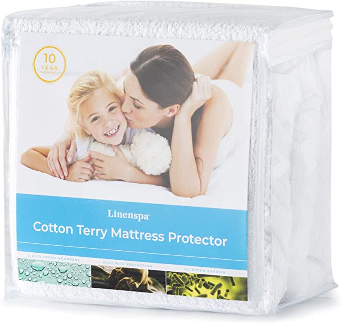 Linenspa Cotton Terry Mattress Top Protection-Hypoallergenic-Waterproof-Blocks Dust Mites, Allergens, Accidents Protector, Full, White