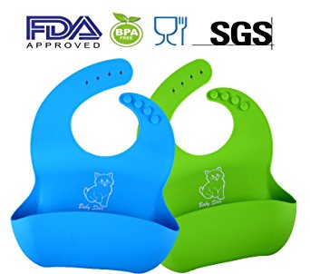 Best Silicone Baby Bibs FDA Approved Best Waterproof Soft Comfortable Dishwasher Safe With Food Catcher Pocket Snaps Bib Set of 2 Colors - 100% Food Grade Silicone, BPA Free