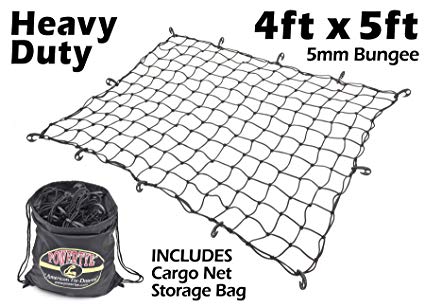 4ft x 5ft PowerTye Mfg Heavy-Duty 5mm Bungee Elastic Cargo Net with 12 Large Adjustable Hooks | Stretches to 72" x 90" | Includes Large Drawstring Net Storage Bag