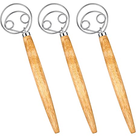 3 Pieces Stainless Steel Dough Whisk Original Danish Dough Whisk Wooden Bread Whisk for Kitchen Baking