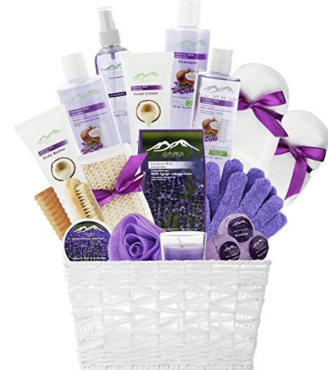 Purelis Deluxe XL Gourmet Gift Basket with Essential Oils. 20-Piece Luxury Spa Gift Set with Bath Bombs, Body Lotion, Bubble Bath & More! Huge Gift Set for Her, Holiday Gift (Lavender & Coconut)