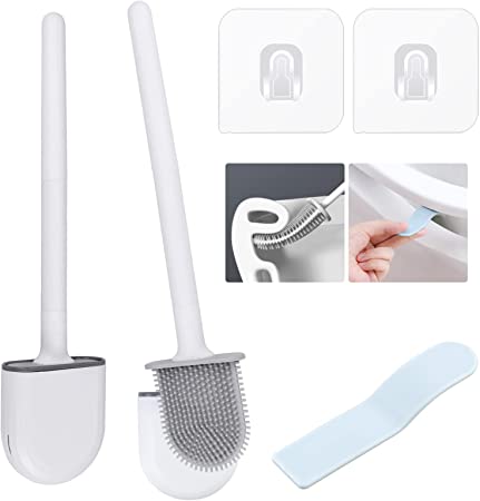 Yotako 2 Pack Silicone Toilet Brush and Holder Flexible Toilet Brush for Bathroom Removable Flat Toilet Brush No-Slip Long Handle with 2 Pack Toilet Seat Cover Lifter